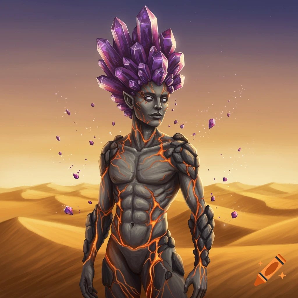 A grey-skinned earth genasi with orange and brown veins and purple crystal hair stands in a desert landscape.