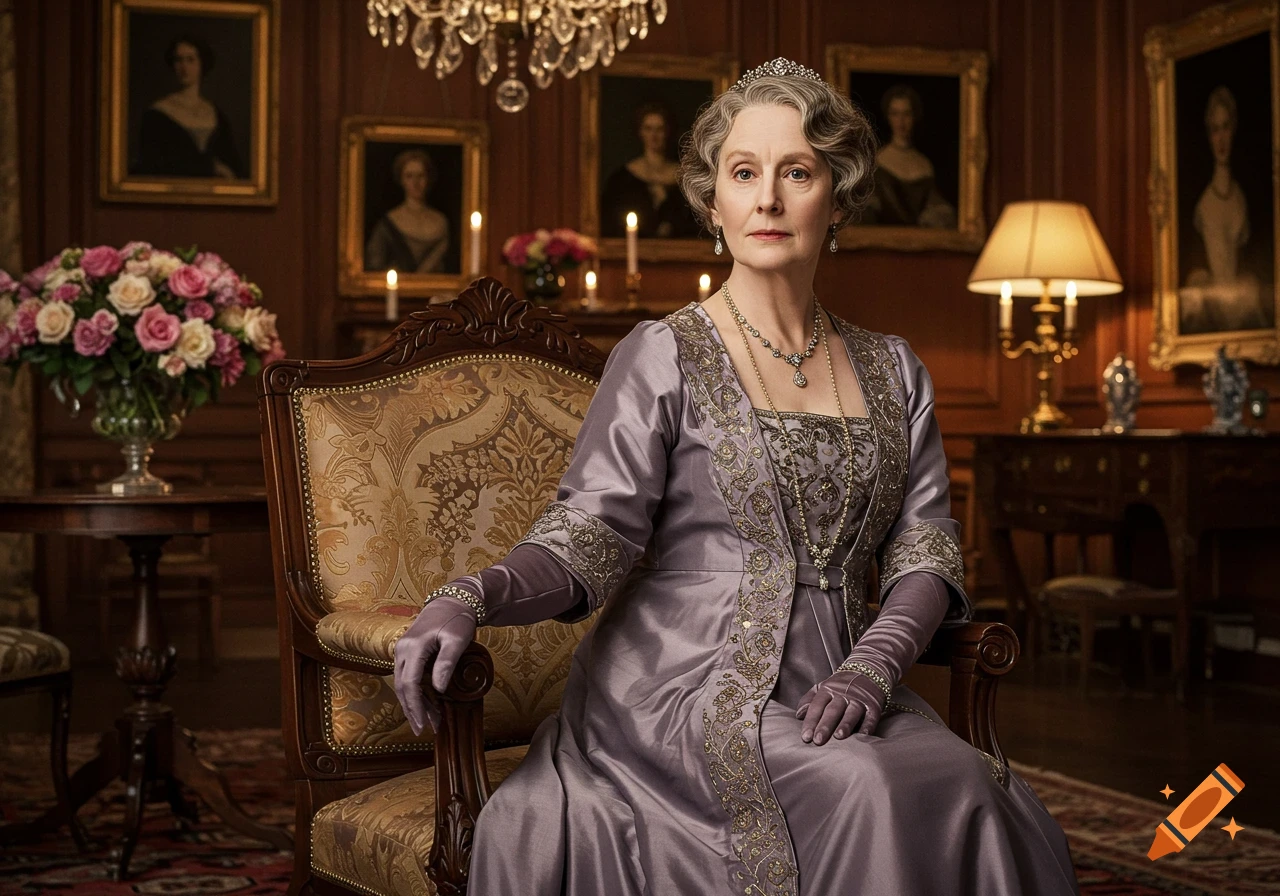 An older woman in an elegant purple period dress and tiara sits regally in an ornate armchair in an opulent room.