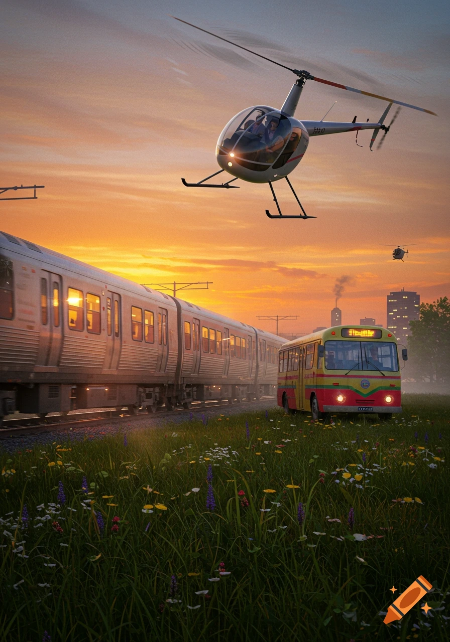 A train, a red and yellow bus, and a helicopter are in a grassy field with wildflowers under a vibrant orange sunset.
