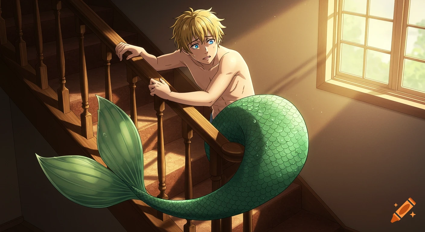 A blue-eyed blond merman with a green tail struggles to pull himself up a sunlit residential staircase in anime style.