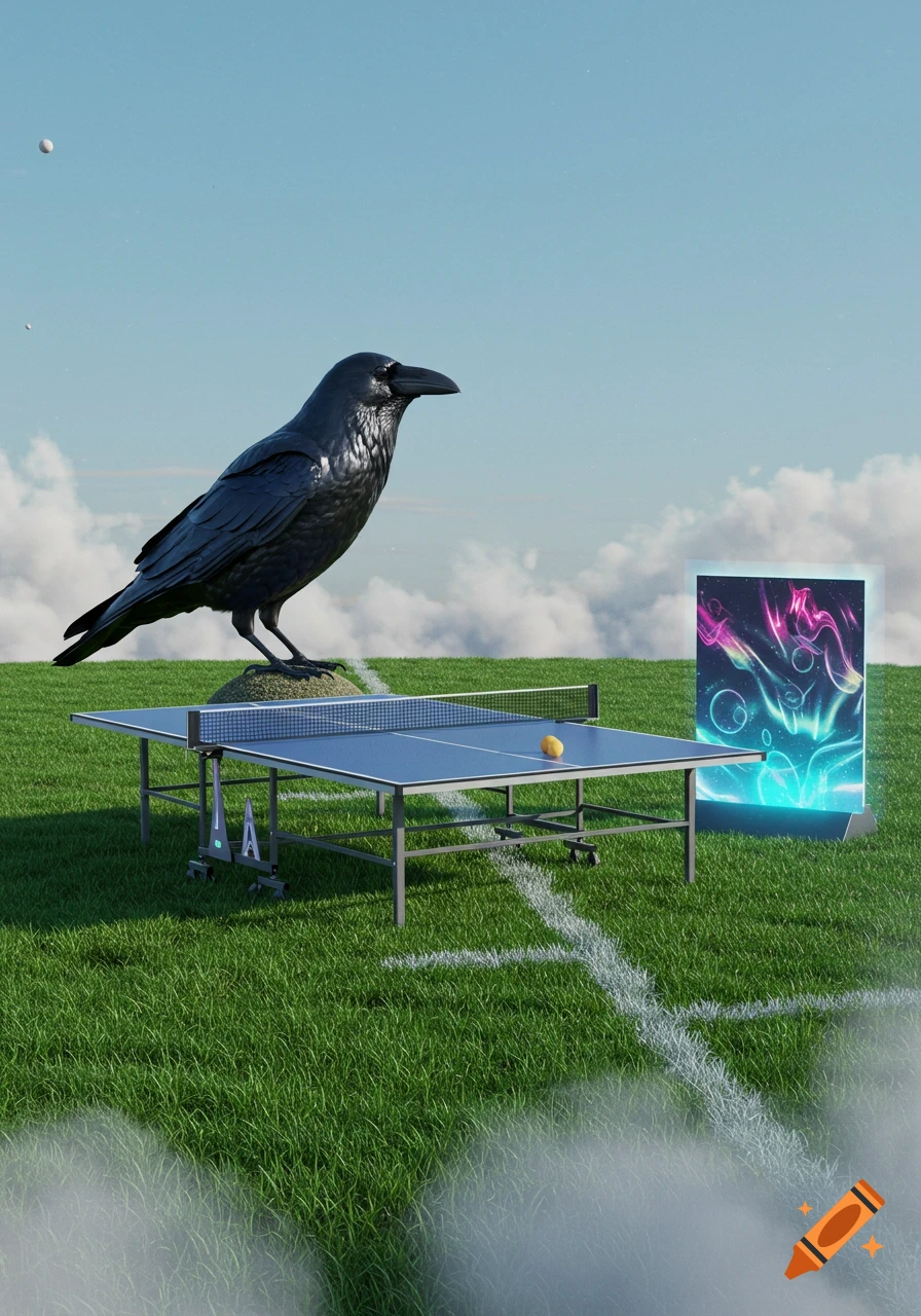 A giant black raven next to a ping pong table on a grassy football field, with a glowing abstract digital screen under a cloudy sky.