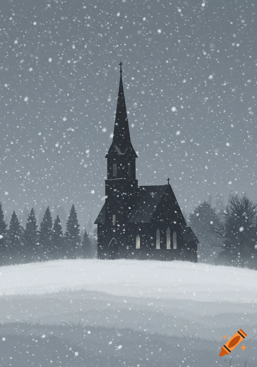 An illustrated, minimalist view of a steepled church in a snowy, winter landscape with trees.