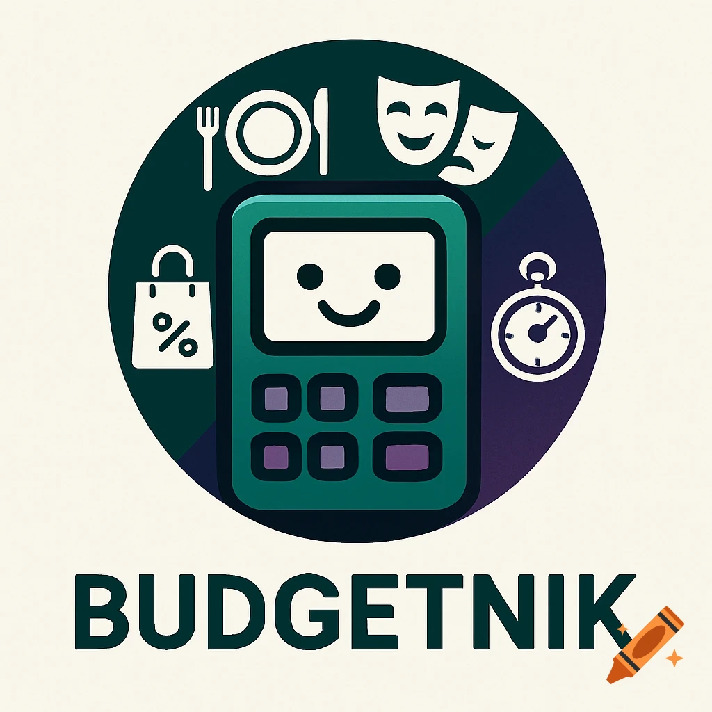 A logo featuring a smiling calculator surrounded by icons for food, theater, shopping, and a stopwatch, with 'BUDGETNIK' text.