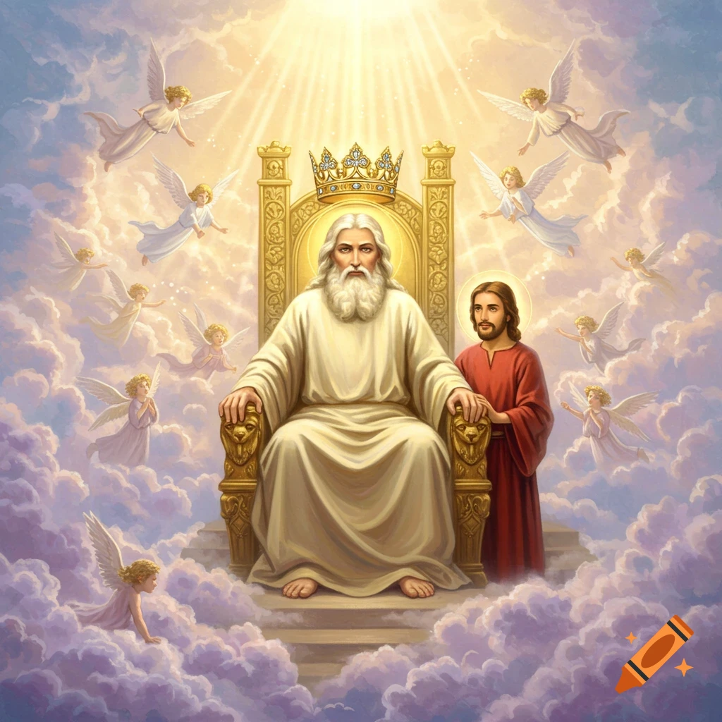 God sits on a golden throne in heaven, with Jesus beside him, surrounded by many angels flying amidst luminous clouds.