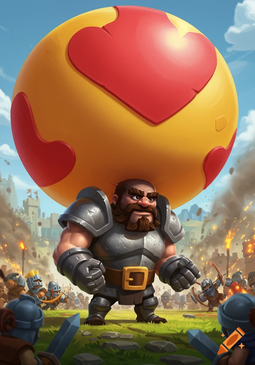Cartoon muscular warrior in armor holds a giant yellow heart-balloon on a battlefield with a castle and other warriors.