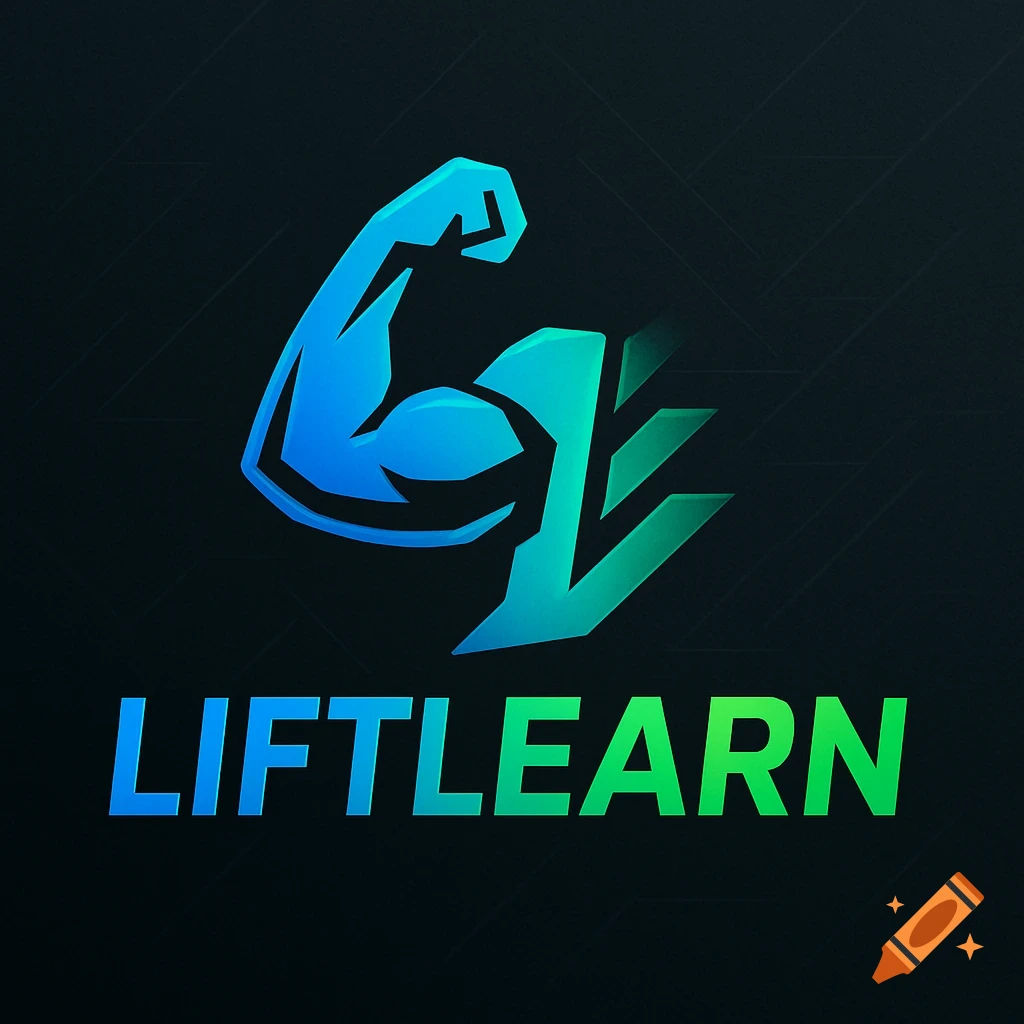 A blue and green gradient logo on a dark background, featuring a flexing bicep symbol above the word "LIFTLEARN".
