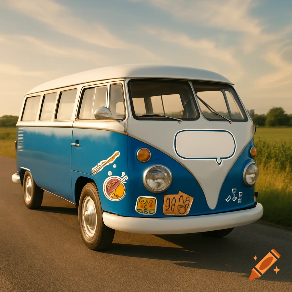 A vintage blue and white Volkswagen bus with various stickers parked on a rural road with fields under a soft sunset sky.