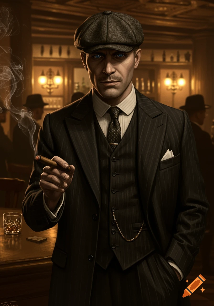 A serious man in a pinstripe suit, waistcoat, and flat cap, holding a lit cigar with smoke rising, in a dark bar.