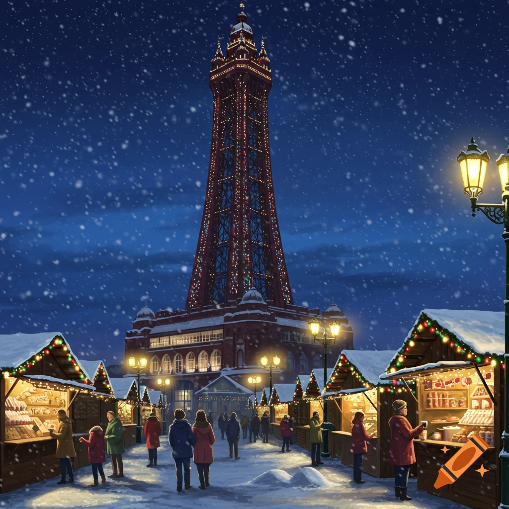 A festive Christmas market bustling with people, snow falling, in front of the illuminated Blackpool Tower at night.