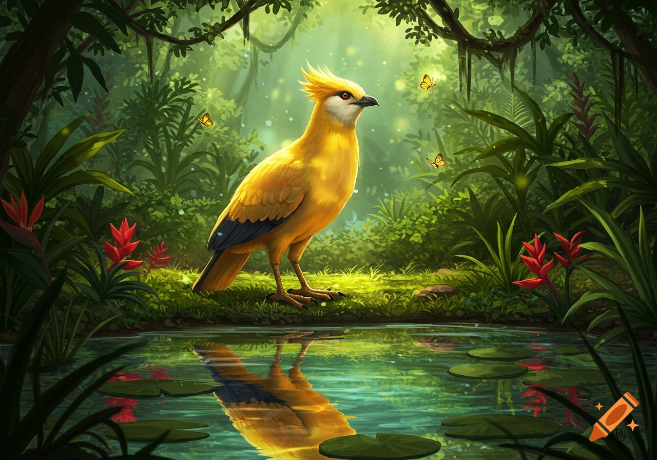 A vibrant yellow, crested bird with a white face stands by a tranquil pond in a lush, green jungle with red flowers and flying butterflies.