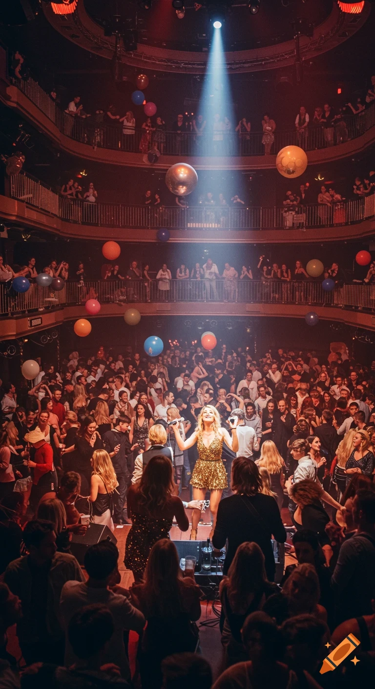 A female lead singer in a gold glitter dress performs under a spotlight in a crowded, multi-level disco with balloons, viewed from an elevated position.
