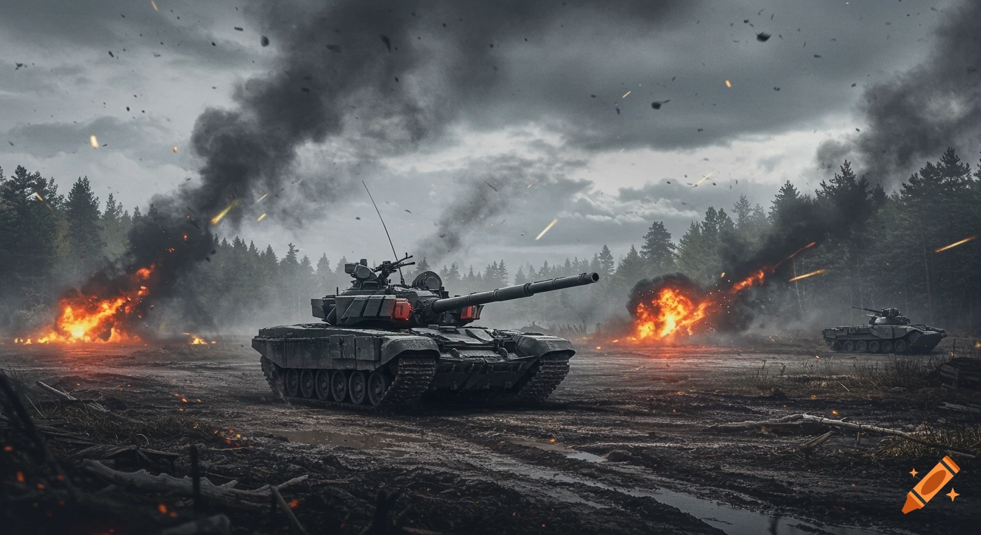 Photorealistic T-90 A tank on a muddy battlefield with a forest, smoke, explosions, and flying debris under an overcast sky.