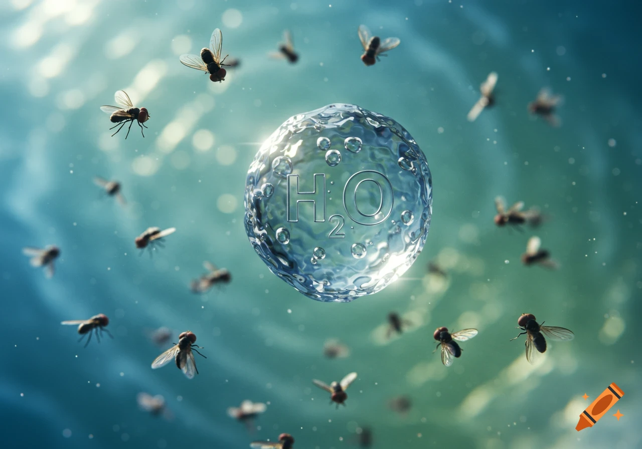 A glistening H 2O molecule floats amidst numerous flying houseflies against a blurred teal background.