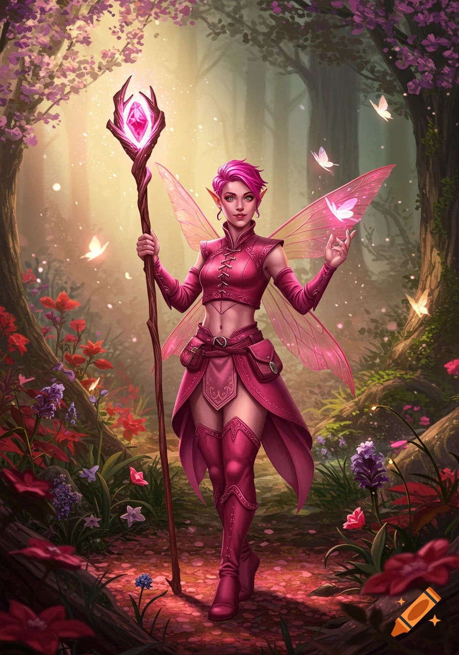 A vibrant fantasy illustration of a pink-haired fairy druid with large pink wings, wearing a pink leather outfit and holding a glowing staff, standing in a magical, sun-dappled forest.