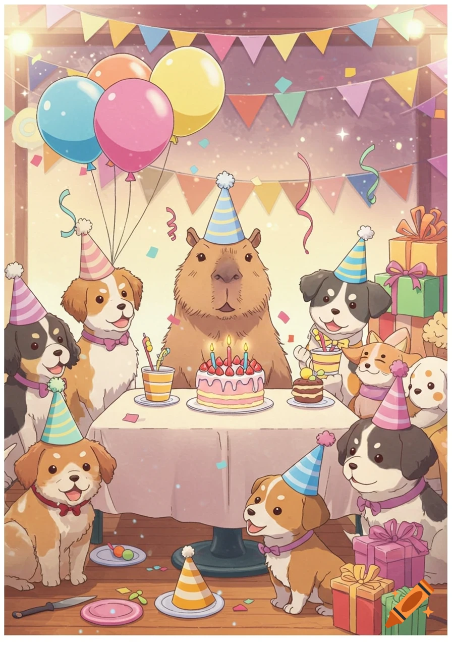 Anime illustration of a capybara and several dogs celebrating a birthday with cake, balloons, and gifts, all wearing party hats.