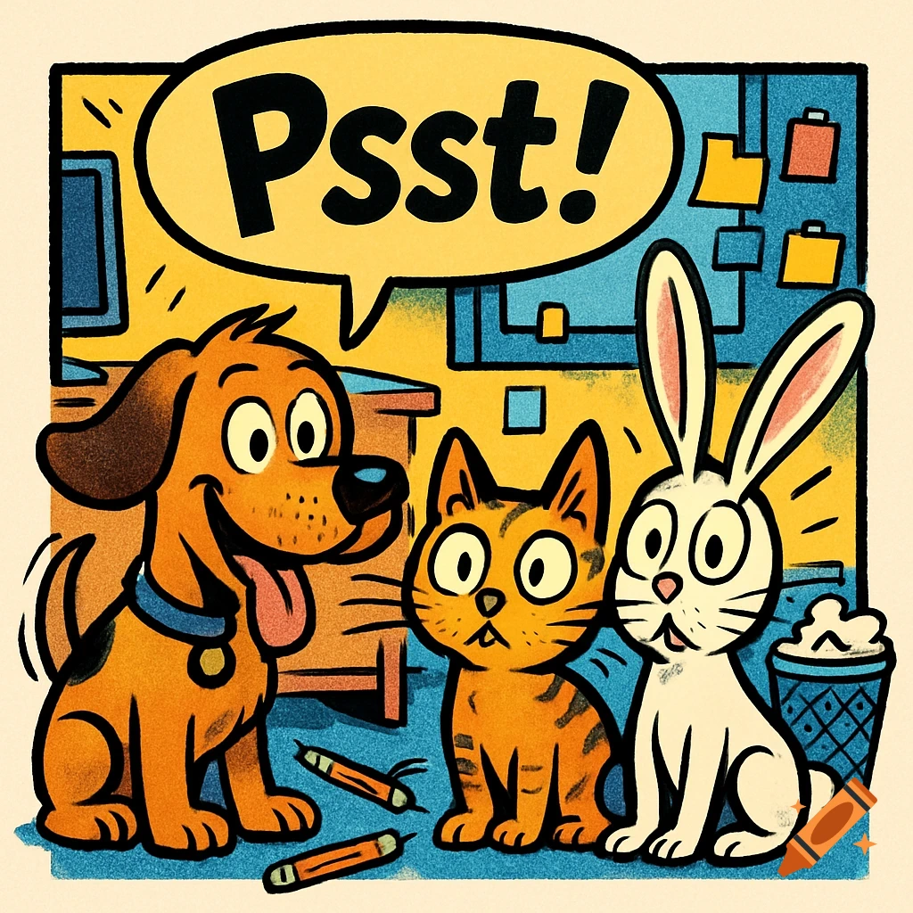 A cartoon dog, cat, and rabbit sit in an office. The dog looks at the cat with a speech bubble above saying "Psst!"