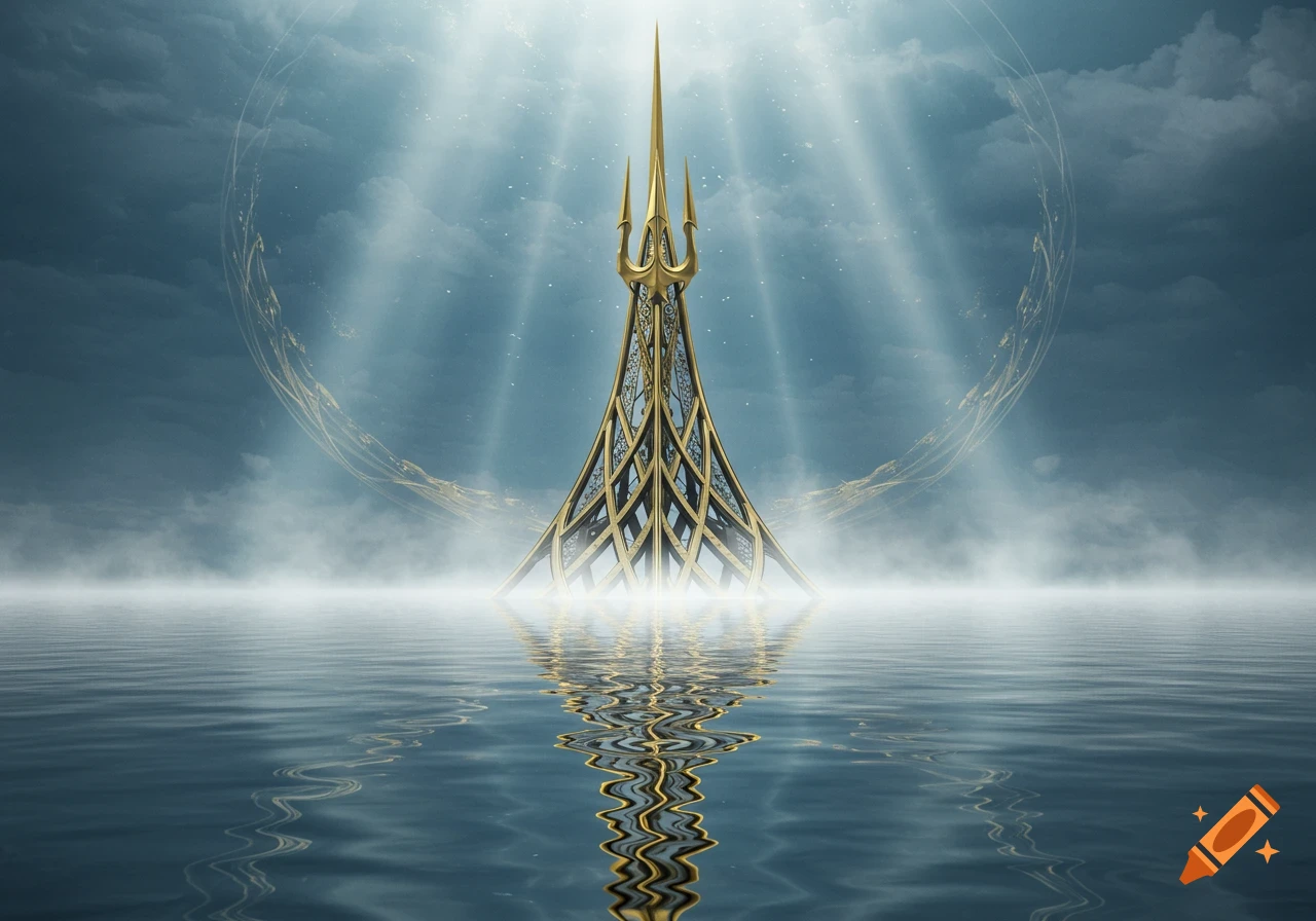 A majestic golden spire tower, resembling a trident, rises from misty water under a cloudy sky with sun rays.
