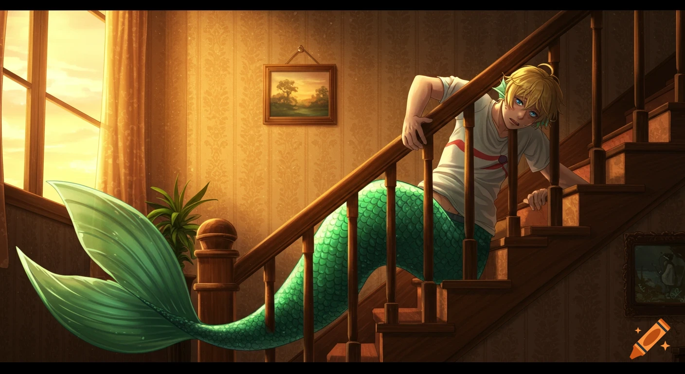 A blue-eyed blond anime merman with a green tail struggles to climb a golden-lit residential staircase, holding the railing.