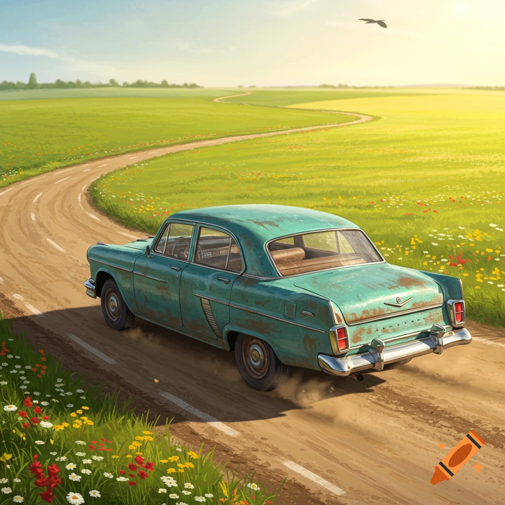 An old, rusty green car drives down a winding dirt road through a vibrant green field under a clear sky, in an illustration style.