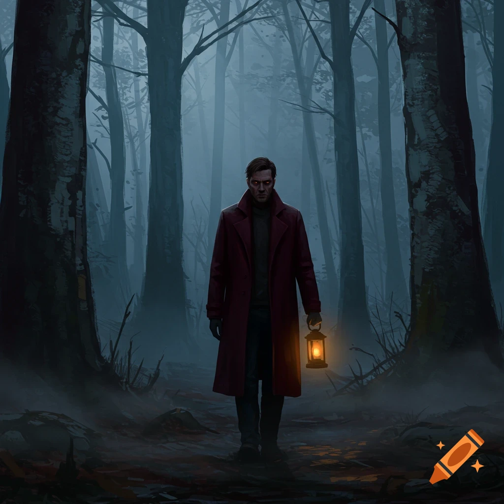 A man with glowing red eyes in a dark red coat walks through a foggy forest holding a lit lantern.