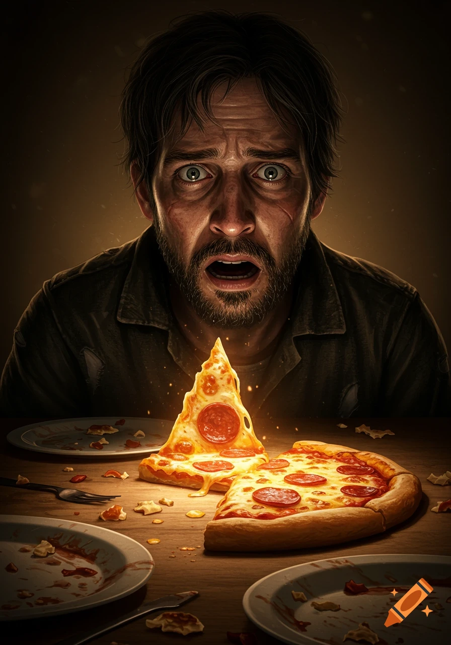 Distressed man with wide eyes and open mouth stares at a glowing pepperoni pizza slice on a messy wooden table, photorealistic.