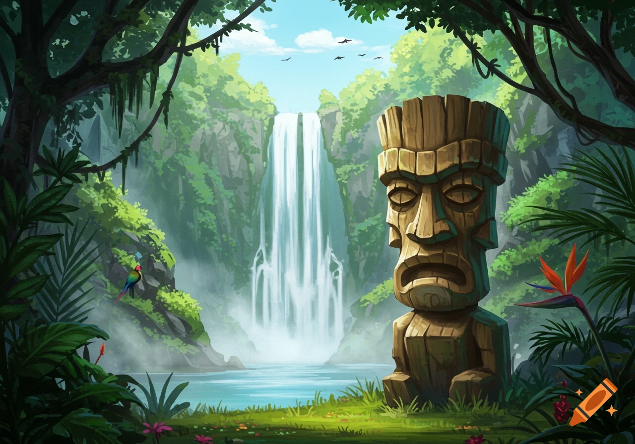 An illustration of a large wooden tiki statue in a lush jungle with a tall waterfall and a blue lagoon.