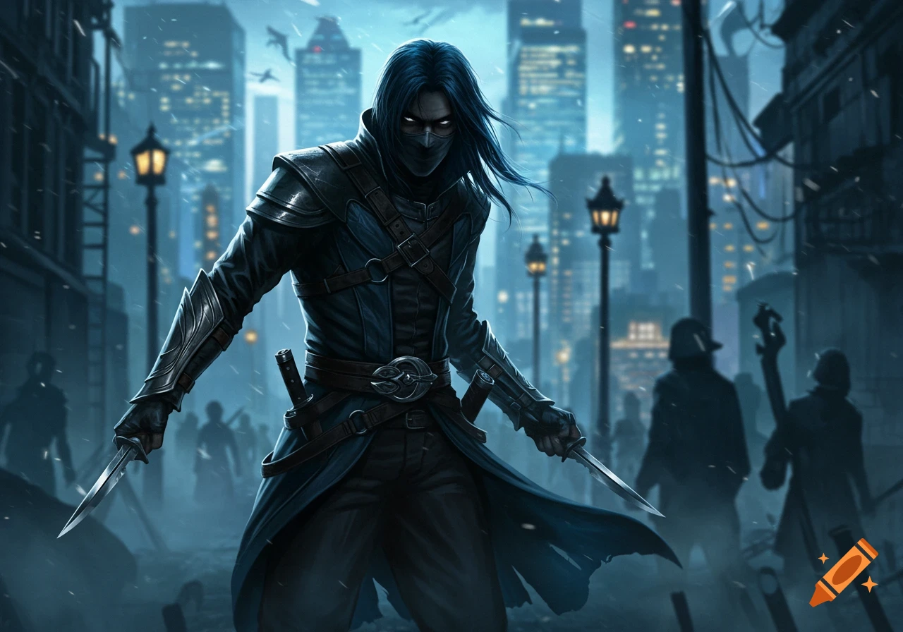 A masked assassin with long dark hair stands in a dark, rainy city alley, holding two daggers, in a dark fantasy digital painting.