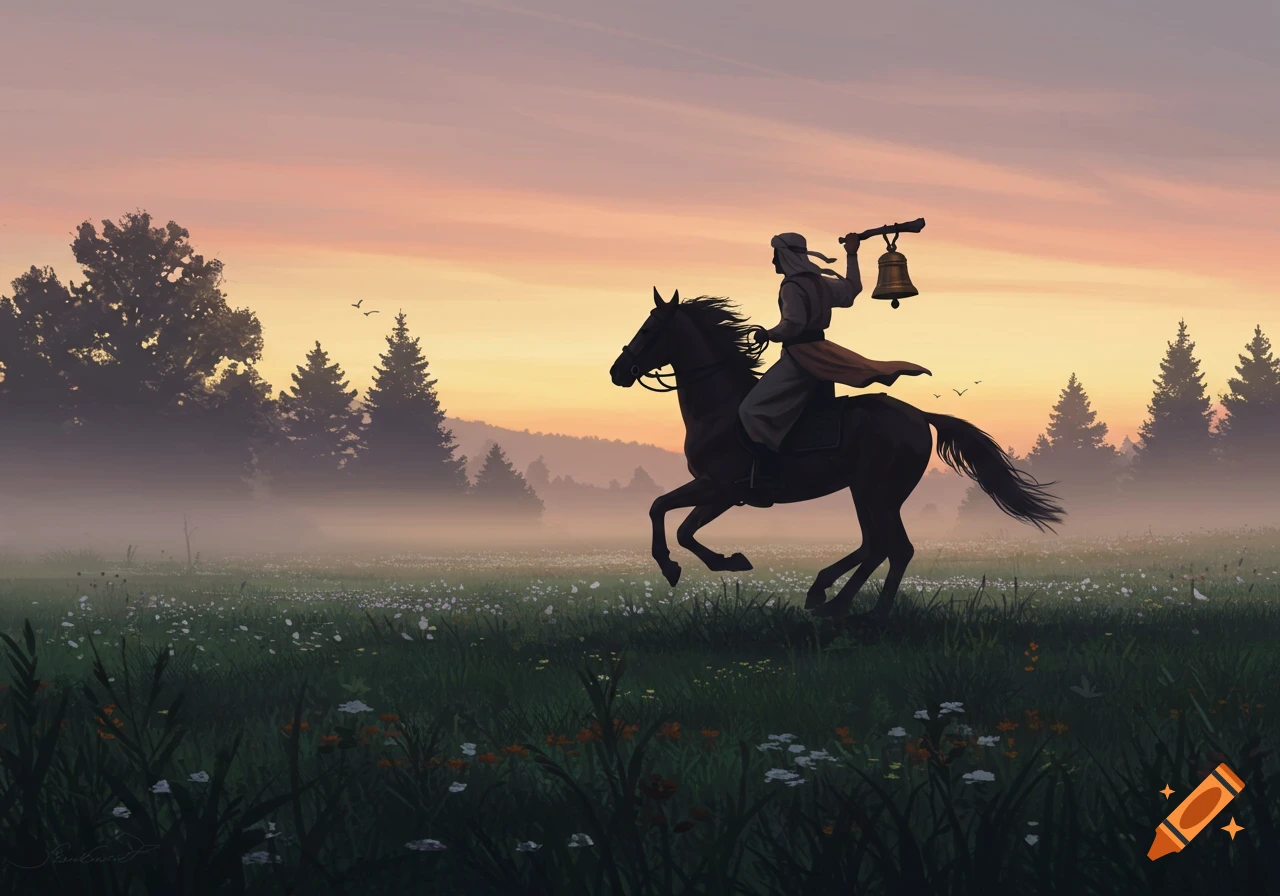 A silhouetted rider on a horse with a bell gallops through a misty, flower-filled meadow at sunrise, painterly style.