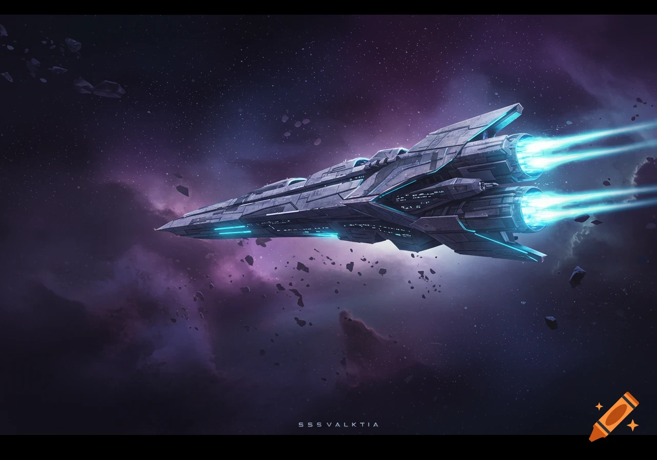 A sleek grey futuristic spaceship with blue glowing engines and accents flies through a purple and blue nebula filled with asteroids.