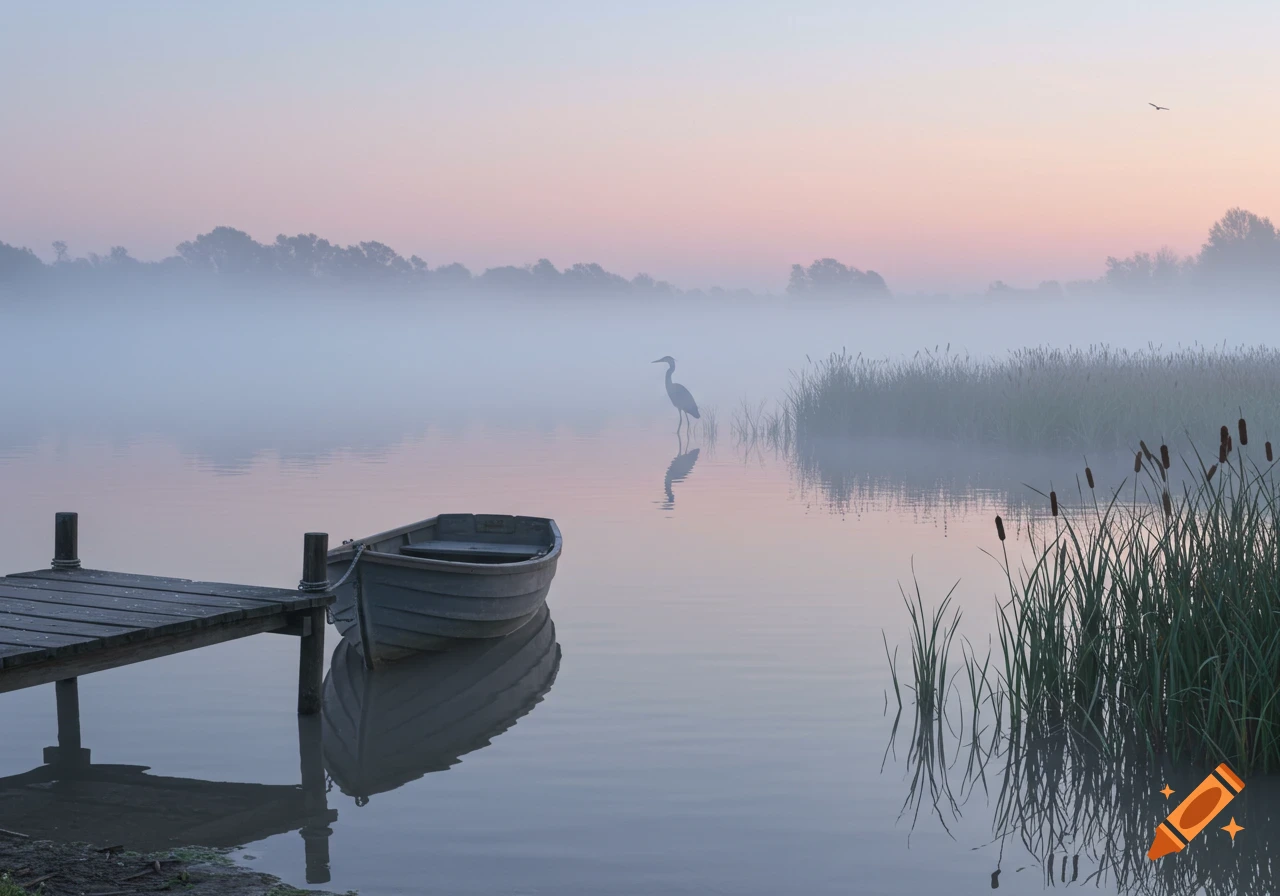 A serene, misty lake at dawn with a small boat tied to a wooden dock, a heron standing in the shallow water, and reeds.