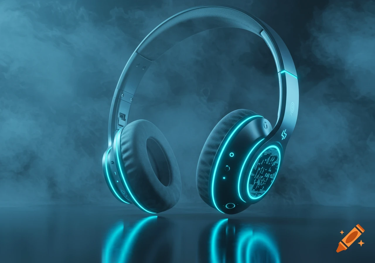 Ultramodern black headphones with bright blue glowing accents and digital patterns, set against a dark, smoky blue background.