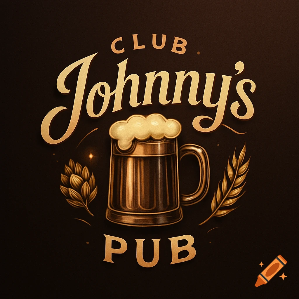 Vintage-style logo for Club Johnny's Pub featuring a beer mug, hops, and wheat on a dark background.
