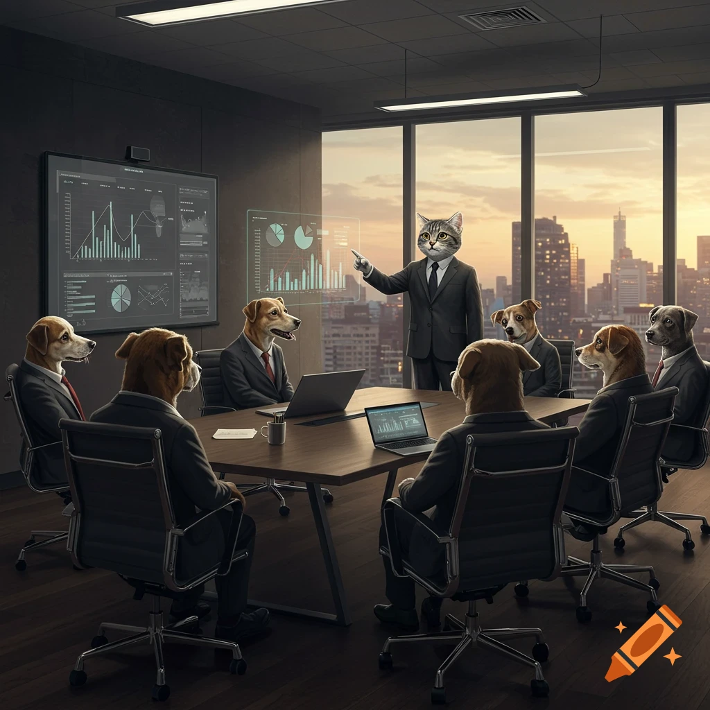 A photorealistic cat in a suit presents to dogs in suits in a modern office boardroom overlooking a city skyline at sunset.