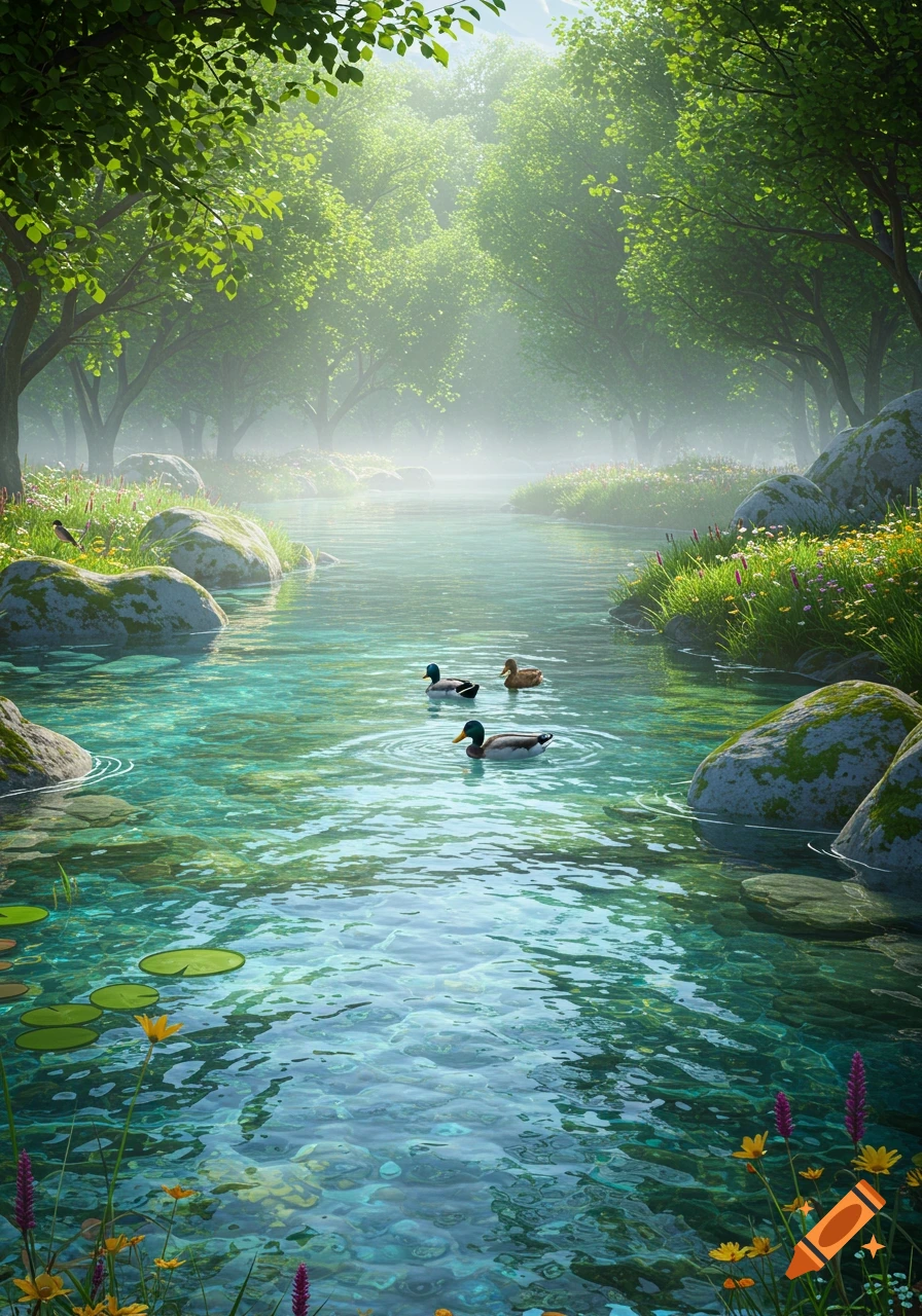 A clear river flows through a vibrant green forest with rocks and wildflowers. Three ducks swim in the turquoise water, with mist in the distance.