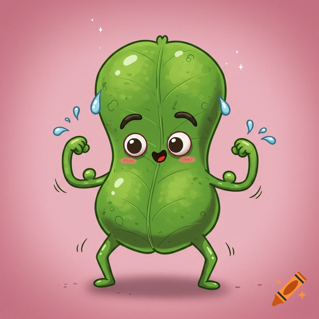 A cute, green, cartoon leaf character with large eyes flexing its arms and sweating, against a pink background.