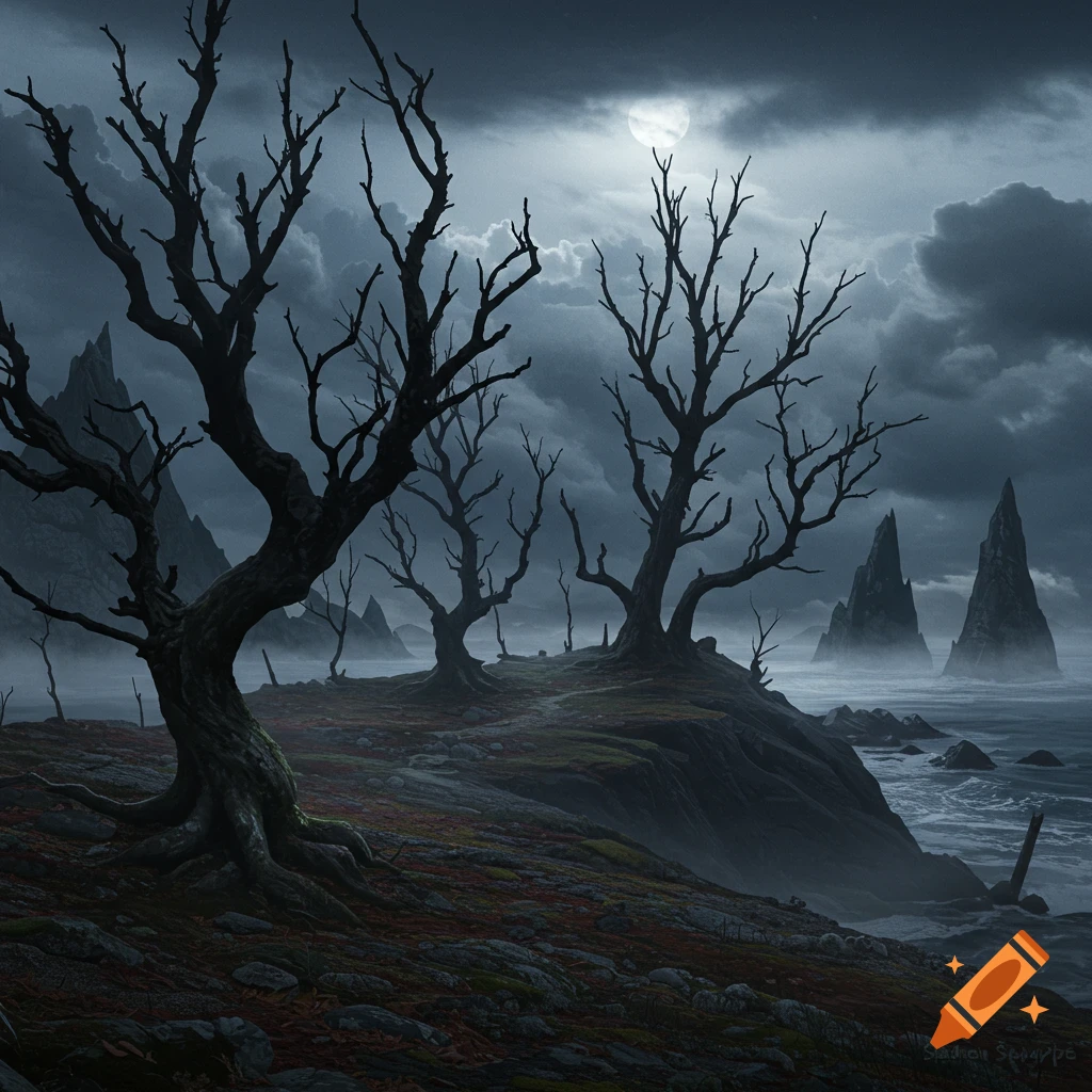 Dark, moody landscape with bare, twisted trees on a hill overlooking a stormy sea under a full moon.