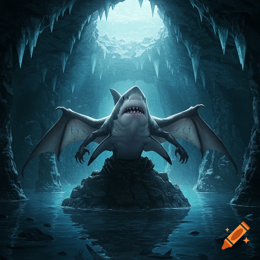A photorealistic winged shark creature with four limbs perched on a rock in a subterranean cave, illuminated by a cold light.