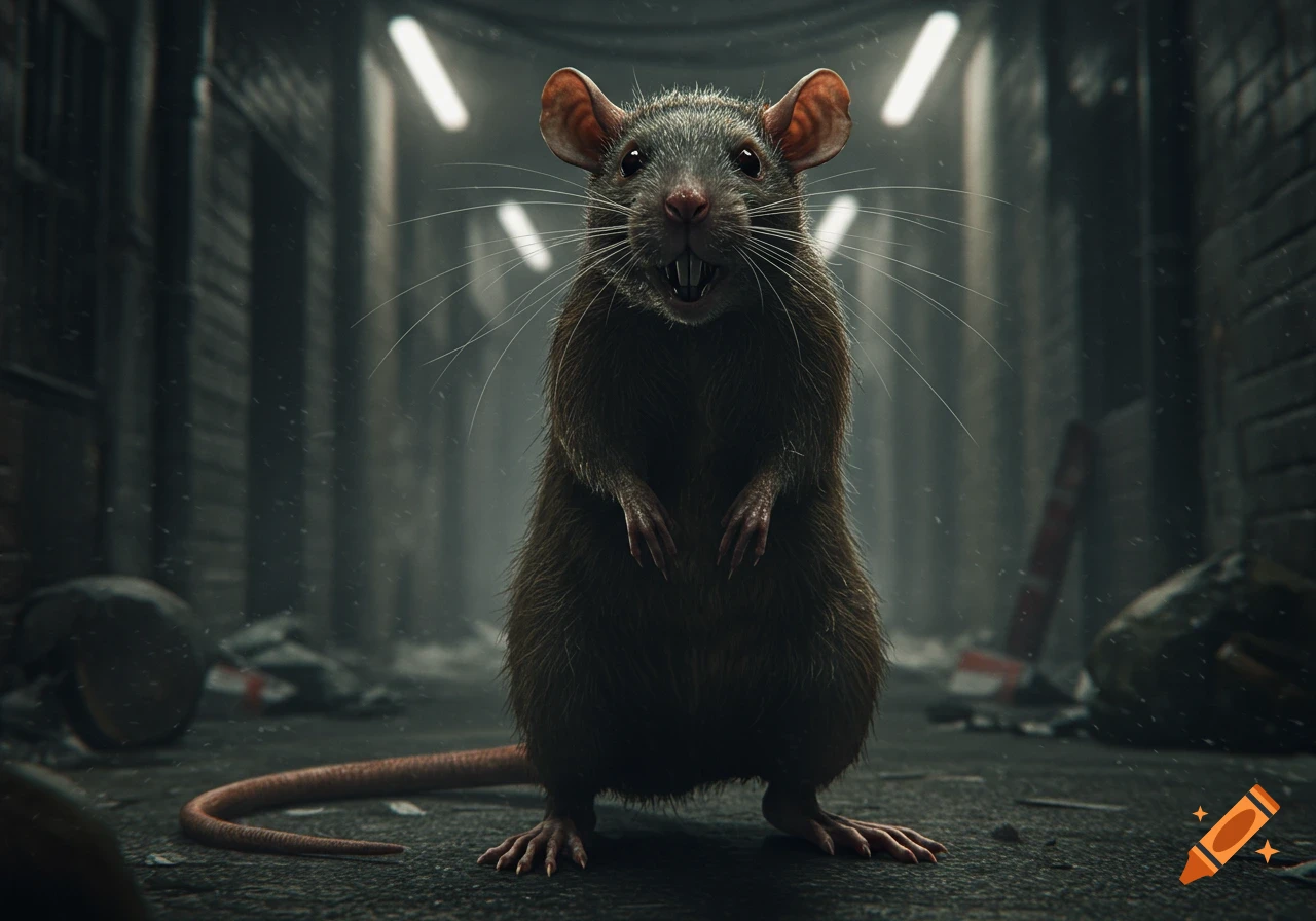 A hyperrealistic rat stands on its hind legs in a dark urban alley, facing the viewer.