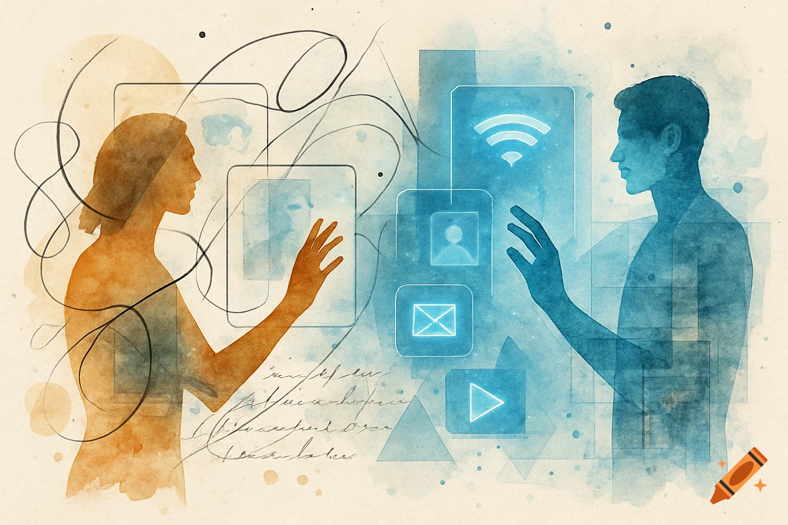 A watercolor-style illustration showing an orange and a blue human silhouette interacting with glowing digital icons and abstract shapes, symbolizing the fusion of analog and digital worlds.