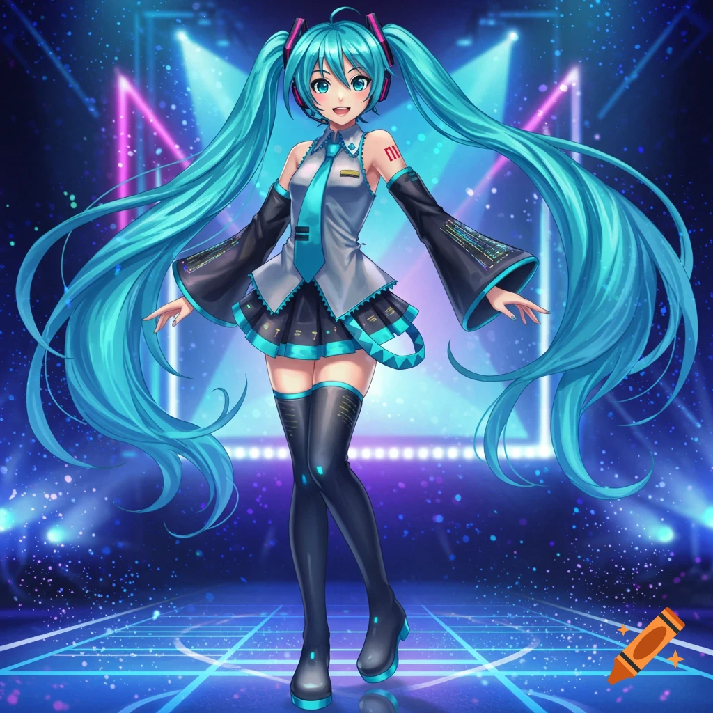 Hatsune Miku with long teal pigtails and headphones, wearing her signature outfit, stands on a glowing stage with neon lights.