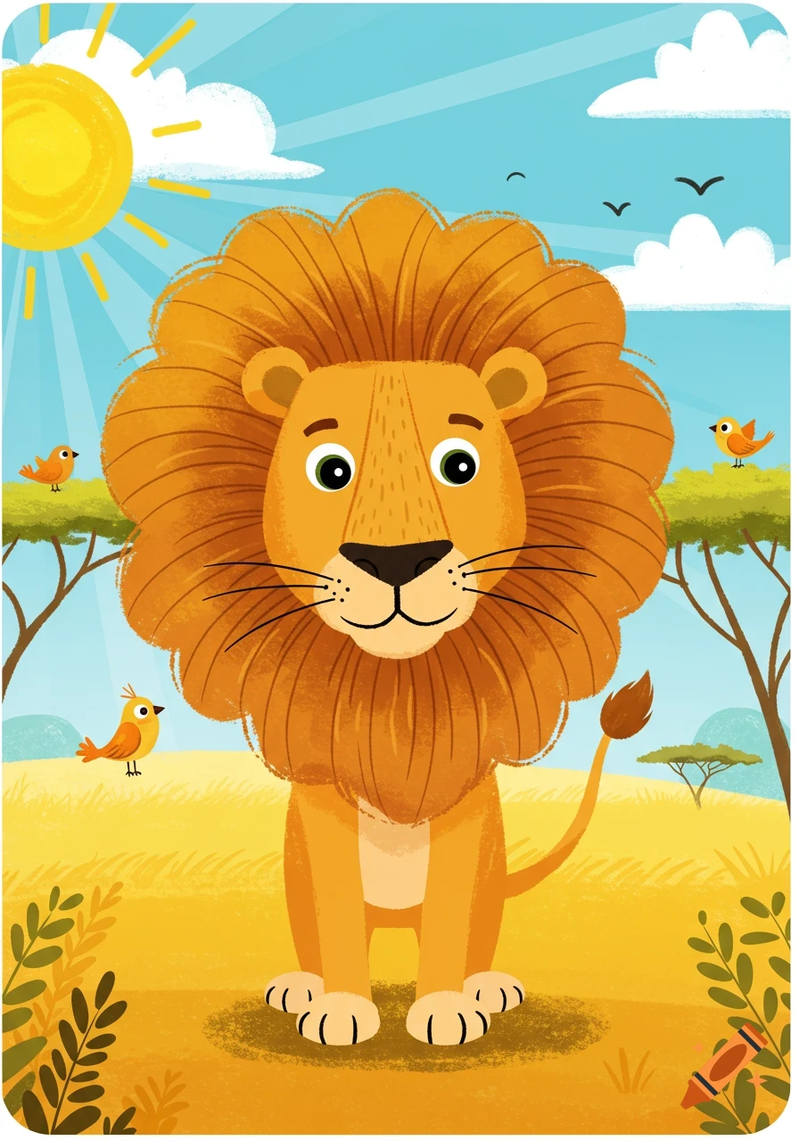 A friendly cartoon lion stands in a sunny savanna with birds, trees, and a blue sky.