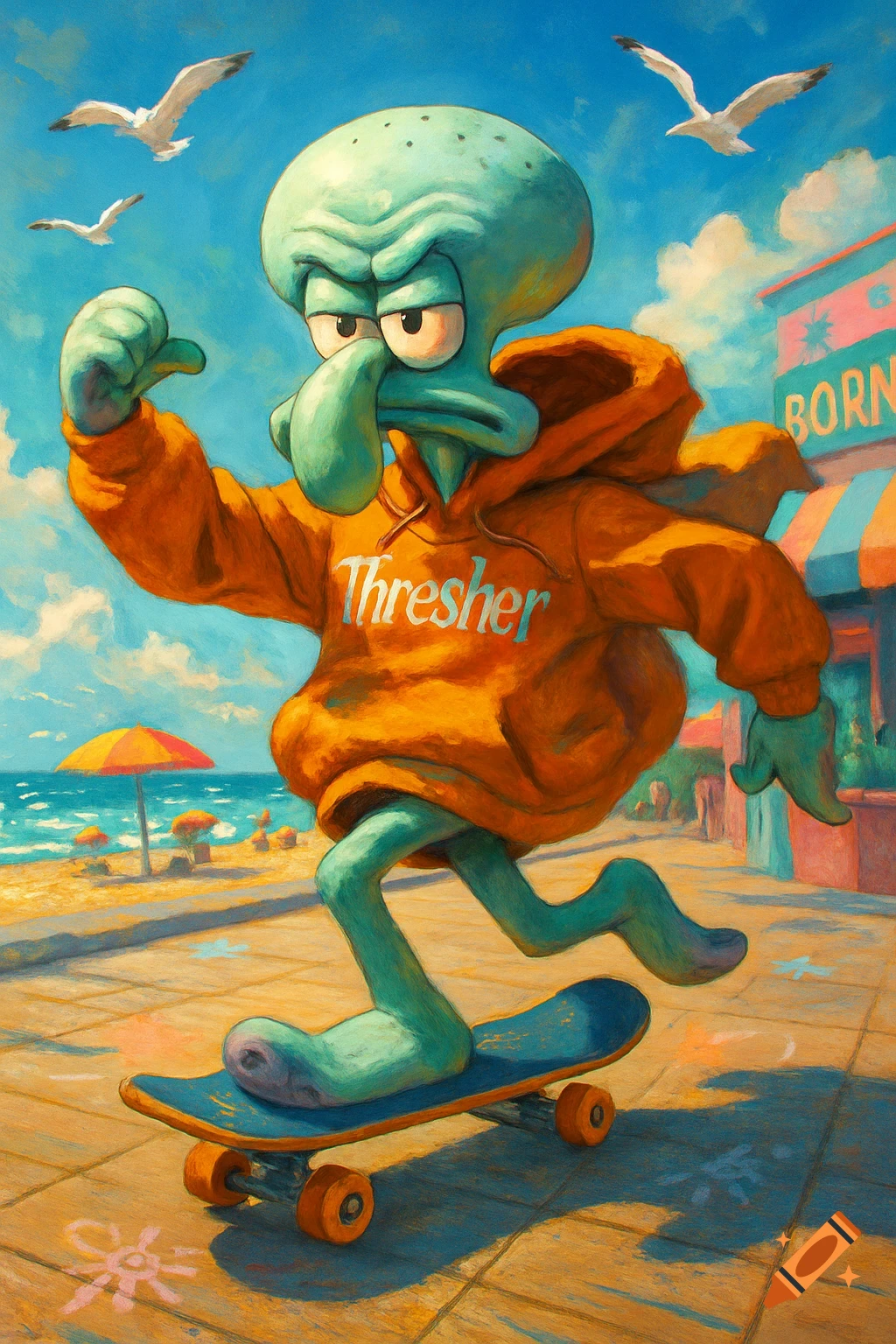Squidward, a green cartoon character, skateboards down a beach boardwalk, wearing an orange 'Thresher' hoodie, in a painted style.
