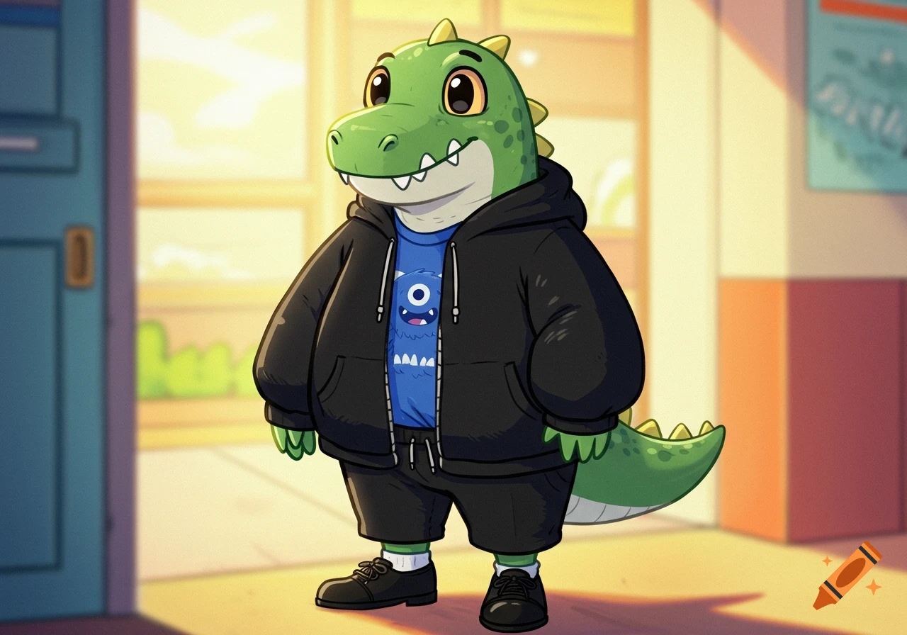 A friendly 2D anthropomorphic green cartoon dinosaur in a black hoodie and blue monster t-shirt, black sweatpants, white socks, and black shoes stands indoors.