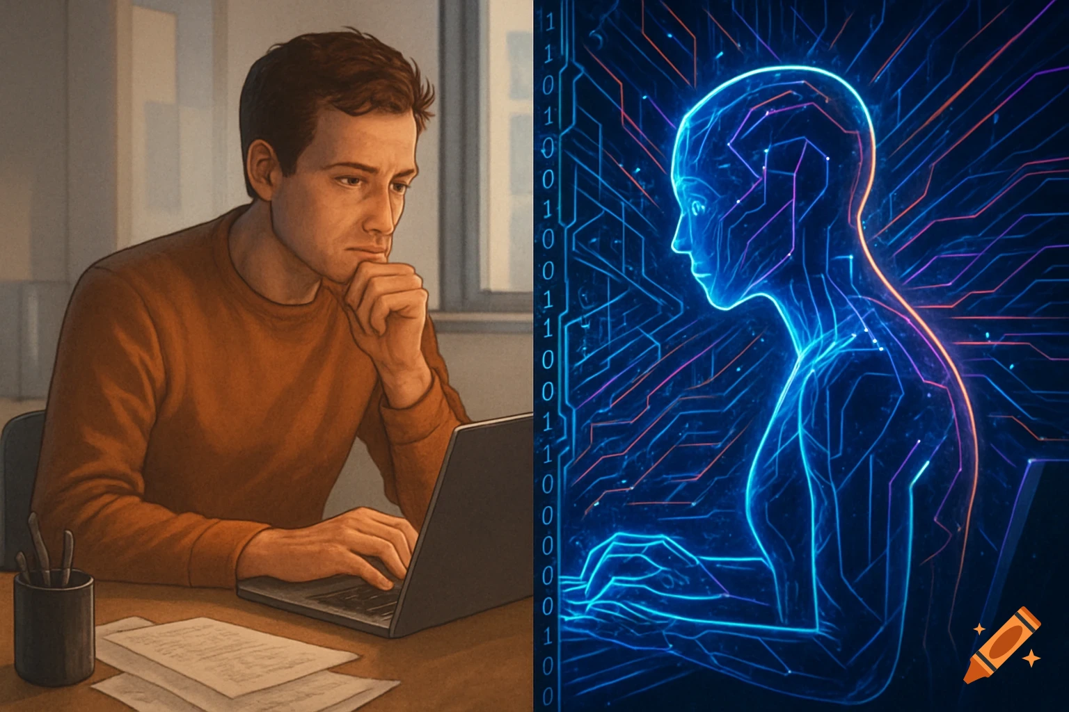 A split image showing a man working on a laptop on the left and a glowing, circuit-patterned human silhouette with binary code on the right.