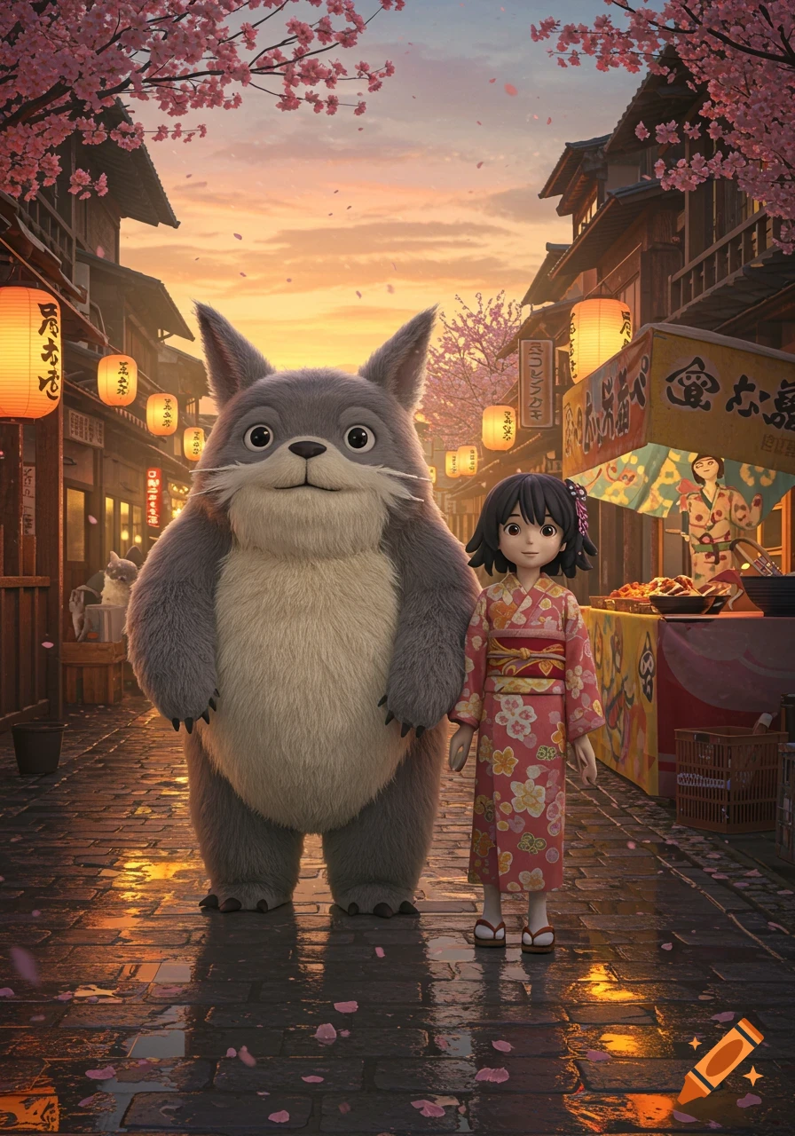 A large fluffy gray creature and a girl in a pink kimono stand on a wet Japanese street with market stalls and cherry blossoms at sunset.