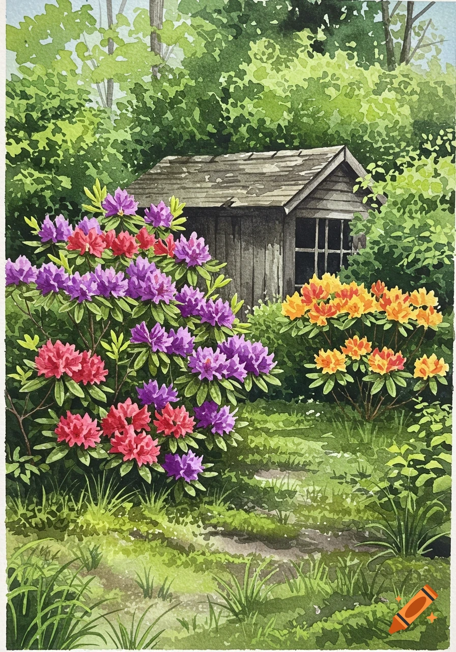 Watercolor painting of a weathered garden shed mostly hidden by vibrant purple, red, and orange rhododendron bushes.