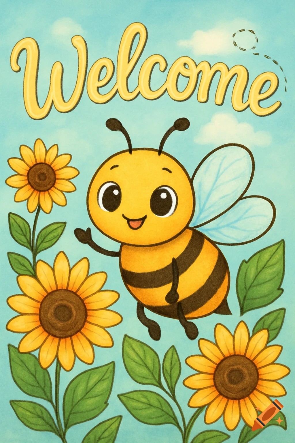 A cartoon bee waves among sunflowers under the word 'Welcome' against a blue sky.