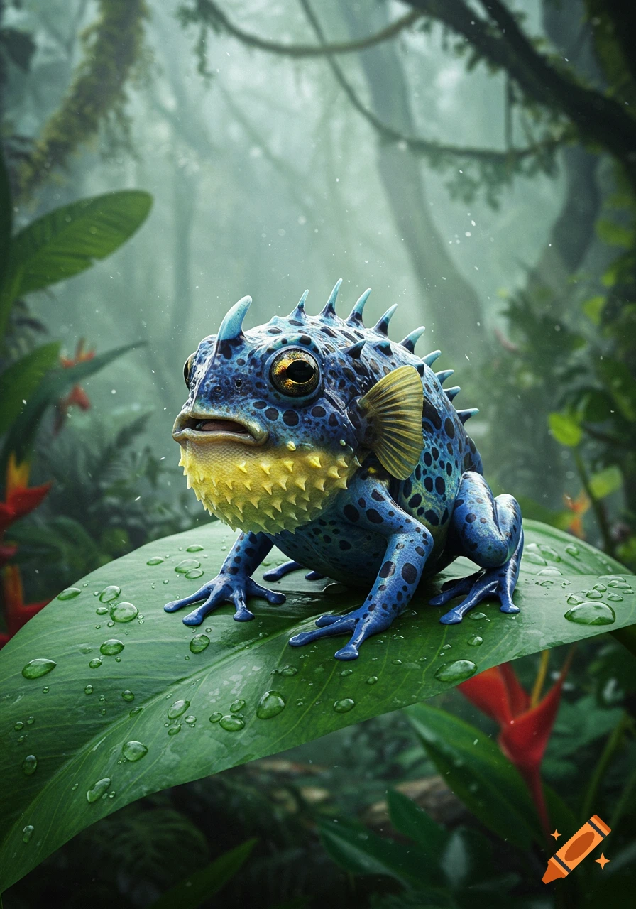 A blue and yellow spiky frog-pufferfish hybrid with fins sits on a wet green leaf in a misty jungle.