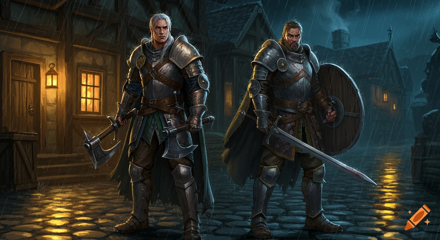 Two battle-worn warriors in armor stand in the pouring rain outside a cozy, lit inn at night, one with axes, one with a sword and shield.