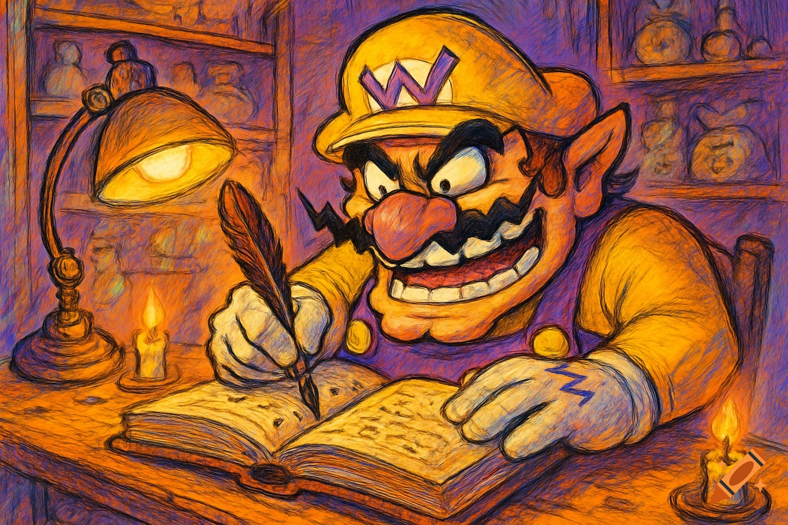 Wario sits at a desk, intensely writing in an open book with a feather quill, illuminated by a desk lamp and candles, in a painterly style.